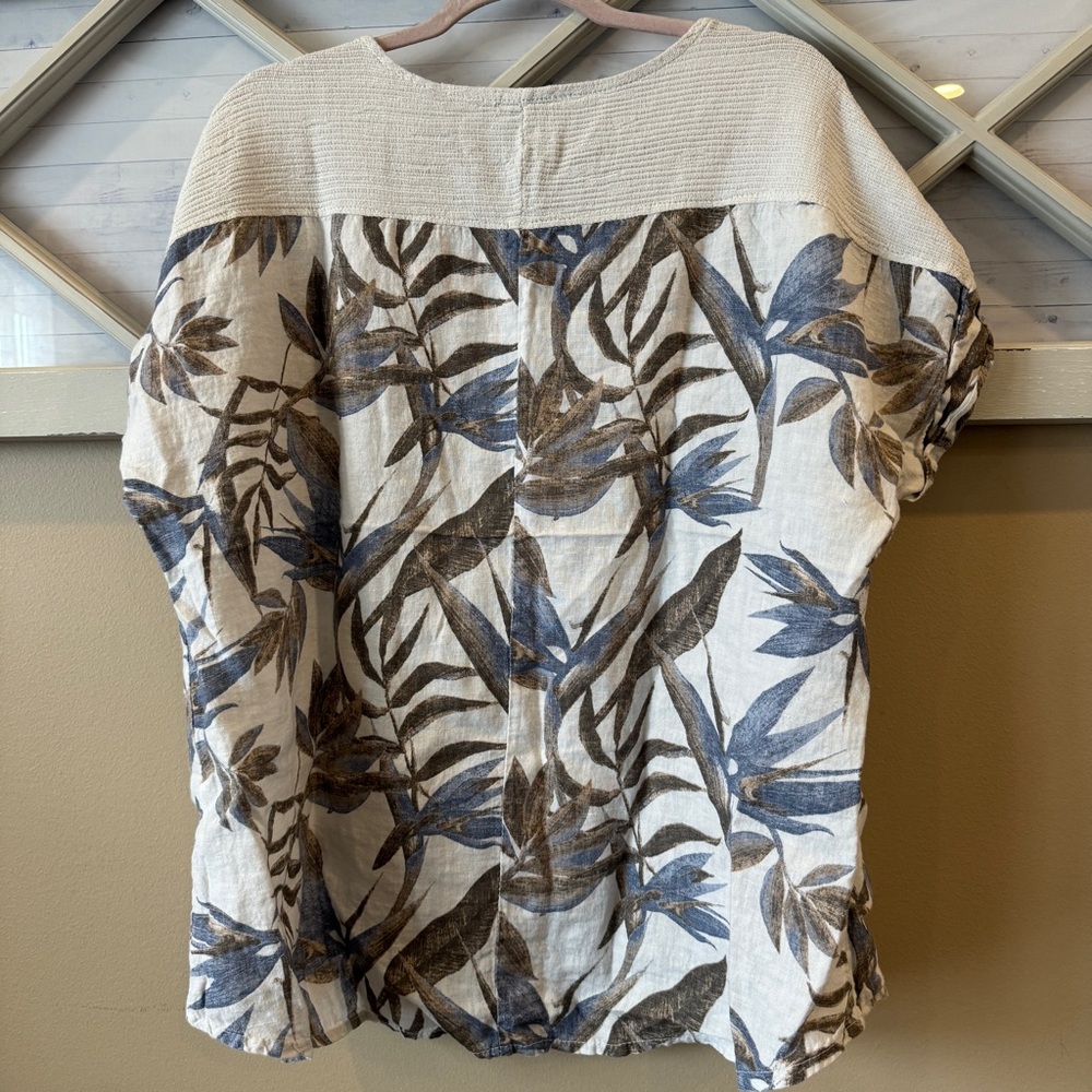 Lungo L'arno Women's Abstract linen cotton short sleeve blue beige blouse sz 2X - Picture 3 of 8